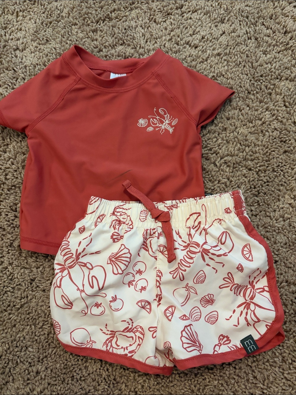 Kids Rust Red Rash Guard Top with Cream Shell-Print Swim Shorts